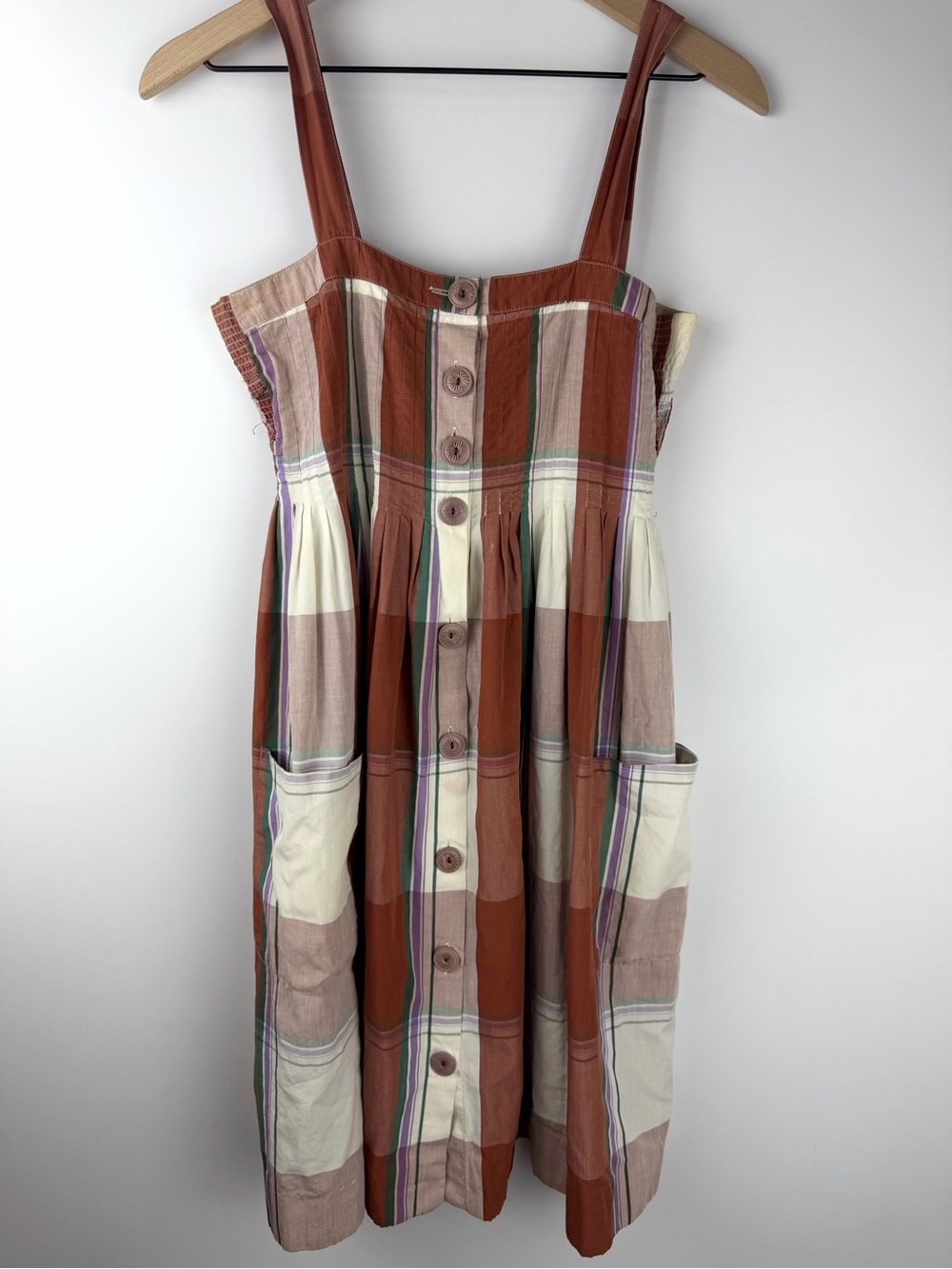 Vintage Cacharel Plaid Sundress France Button Front Pockets Cottagecore 42/44